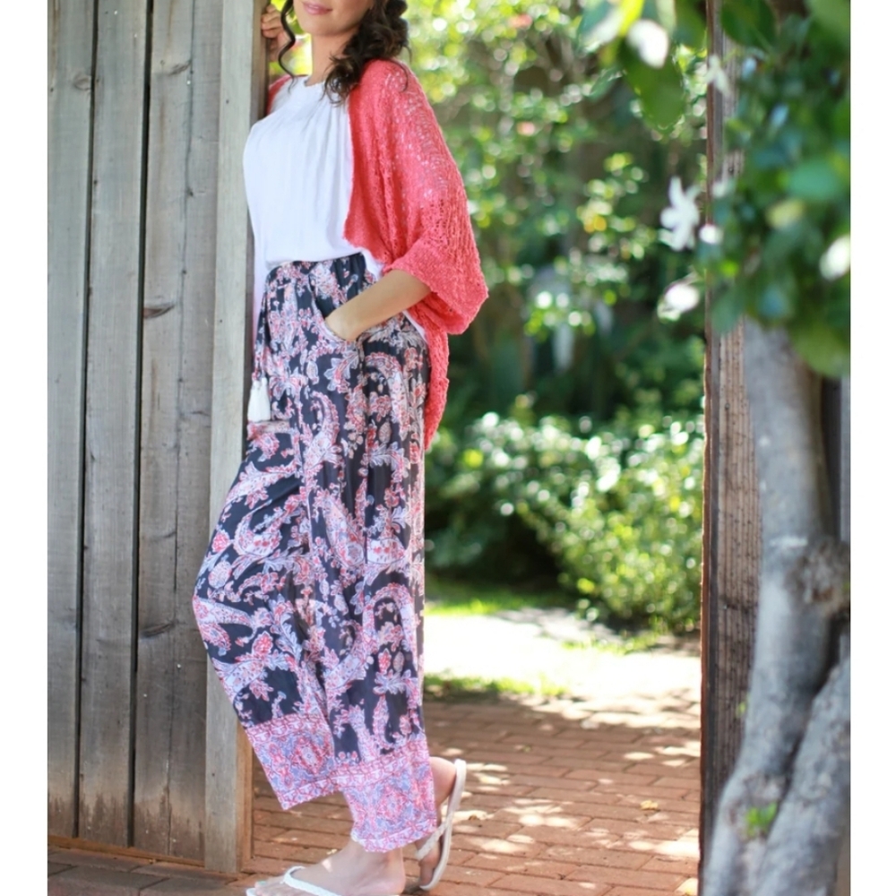 Lani Lau Small / Medium Hawaiian Pant Floral Print Pants Boho Vacation Sheer